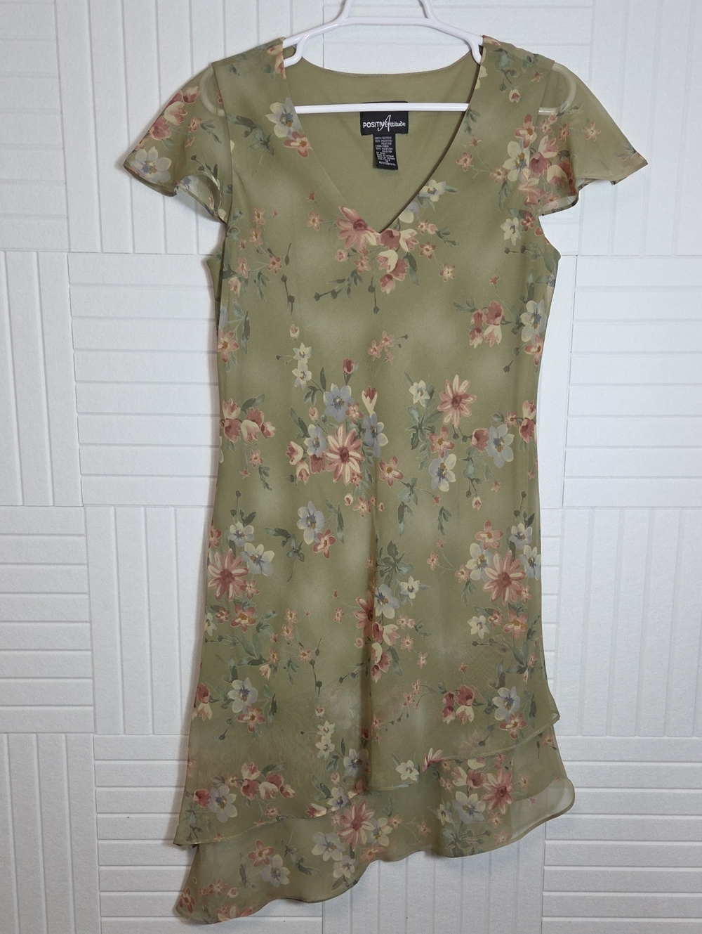 ​Vintage Y2K Positive Attitude Sage Floral Chiffon Fairycore Dress Size 10P